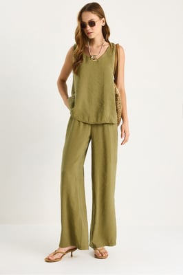 V-Ausschnitt Baumwollbluse-Hosen Zweiteiliges Set