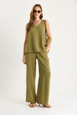 V-Ausschnitt Baumwollbluse-Hosen Zweiteiliges Set
