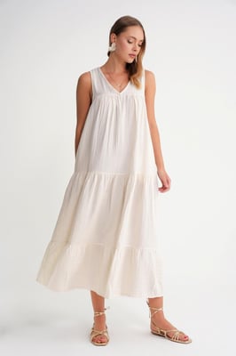 Ärmelloses V-Ausschnitt-Mull-Midikleid mit Taschen