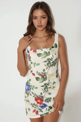 Bodycon Mini-Kleid mit Quadratkragen und Blumendruck