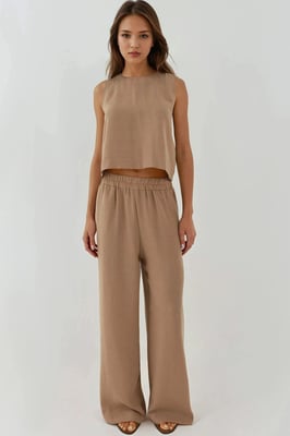 Leinengefühl Bluse & Elastischer Taillenbund Hosen Zweiteiliges Set
