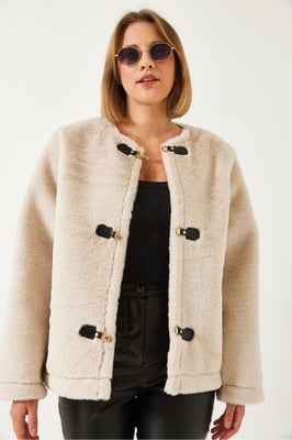 Faux-Fur-Jacke ohne Kragen mit Knopfverschlüssen