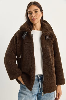 Übergroße Plüschstrick-Pufferjacke mit Reißverschluss
