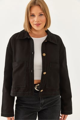 Bestickte Kurze Gewebte Jacke mit Hemdkragen