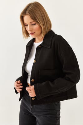 Bestickte Kurze Gewebte Jacke mit Hemdkragen
