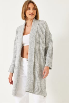 Strukturierter langer Rippenstrick-Cardigan mit Schalkragen