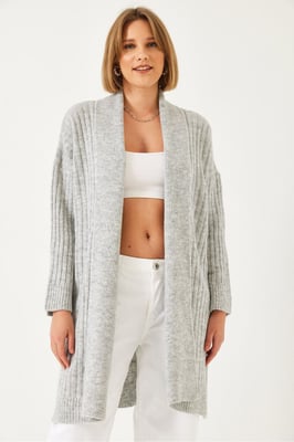 Strukturierter langer Rippenstrick-Cardigan mit Schalkragen