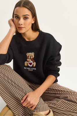 Bestickter Rundhalsausschnitt Langarm-Sweatshirt