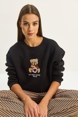 Bestickter Rundhalsausschnitt Langarm-Sweatshirt