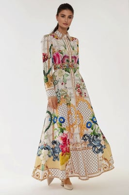 Bedrucktes Maxi-Kleid mit langen Ärmeln und Gürtel