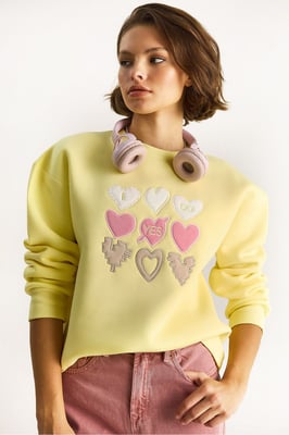 Herz-Patch-Applikation Lässiger Schnitt Rundhals Sweatshirt