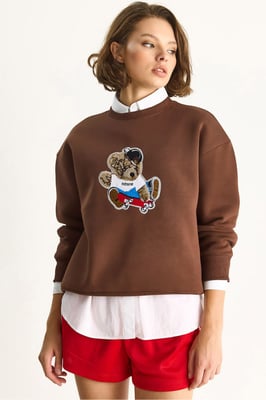 Gestickter Rundhalsausschnitt Langarm-Sweatshirt