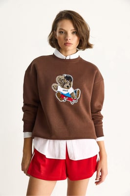 Gestickter Rundhalsausschnitt Langarm-Sweatshirt