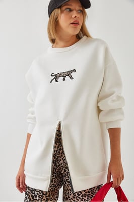 Bestickter Rundhals-Pullover mit Reißverschluss