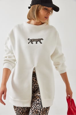 Bestickter Rundhals-Pullover mit Reißverschluss