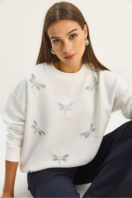 Libelle Bestickter Rundhals-Sweatshirt