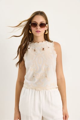 Abstrakte bestickte Bluse mit Rundhalsausschnitt