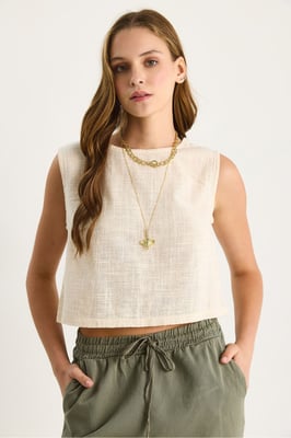 Leinen-Mischung Kurzarm Crew-Neck Bluse