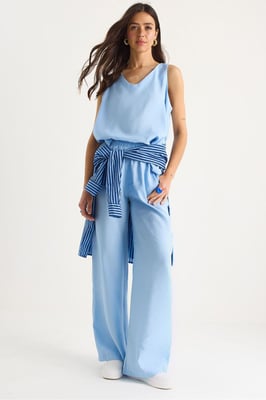 V-Ausschnitt Baumwollbluse-Hosen Zweiteiliges Set