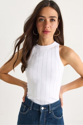 Gestreiftes Rippstrick-Crewneck-Crop-Top