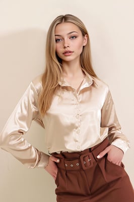 Satin Langarmhemd mit Knopfleiste