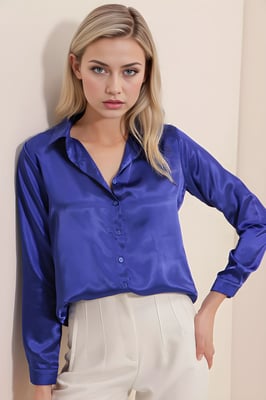 Satin Langarm Button-Up Hemd