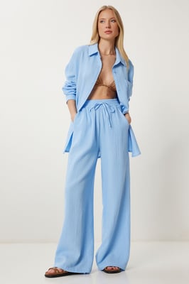 Hochwaist Weite Bein Zweiteiliges Set mit Hemdkragen
