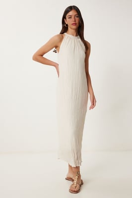 Strukturiertes Midikleid mit Halterneck-Kragen