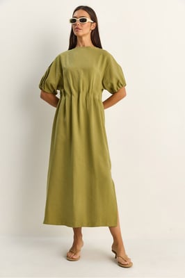 Midi-Baumwollkleid mit Rundhalsausschnitt und Dreiviertelärmeln
