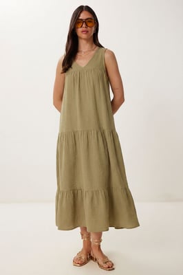 Rüschen V-Ausschnitt Midi-Kleid