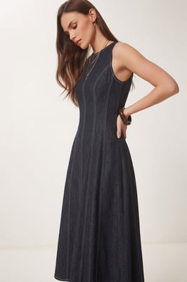 A-Linie Midi-Denimkleid mit Rundhalsausschnitt