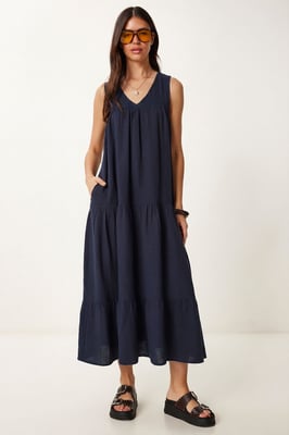 Rüschen V-Ausschnitt Midi-Kleid
