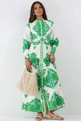 Maxikleid mit Paisleymuster und Gürtel sowie Hemdkragen