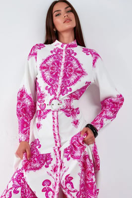 Maxikleid mit Paisley-Print, Gürtel und Hemdkragen