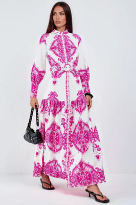 Maxikleid mit Paisley-Print, Gürtel und Hemdkragen