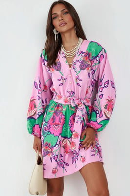 Blumiges V-Ausschnitt A-Linien Mini-Kleid mit Gürtel