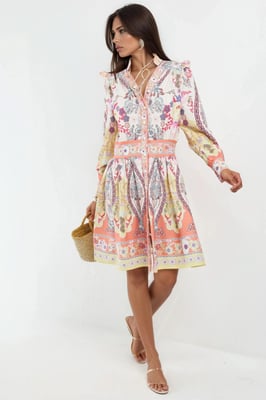 Rüschendetails Paisley V-Ausschnitt Mini Skaterkleid