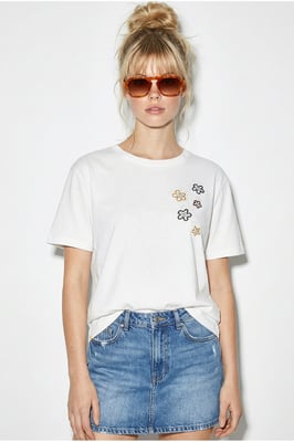 Blumenbesticktes Rundhalsausschnitt T-Shirt