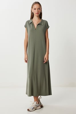 Polo-Kragen Midi-Kleid mit Tasche zum Überziehen