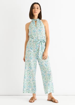 Blauer Jumpsuit mit Blumenmuster und Neckholder-Ausschnitt