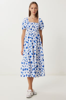 Rüschendruck A-Linien-Midi-Kleid mit quadratischem Kragen
