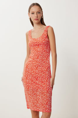 Blumenbedrucktes ärmelloses Midi-Kleid mit U-Ausschnitt