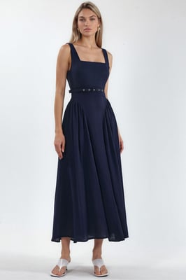 Quadratischer Kragen Midikleid mit Gürtel