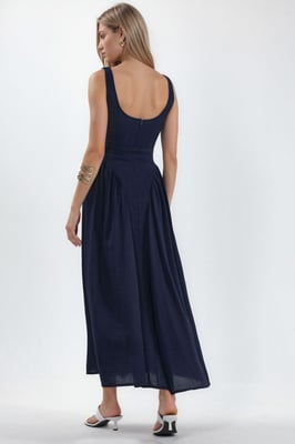 Quadratischer Kragen Midikleid mit Gürtel