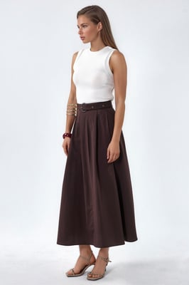 Gürtel-A-Linie Midi-Kleid mit Rundhalsausschnitt