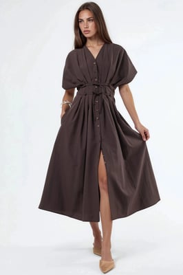 Lässiges V-Ausschnitt Midi-Hemd Kleid