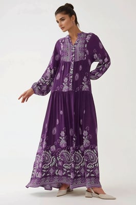 Bedrucktes Langarm-Viskose-Maxi-Kleid