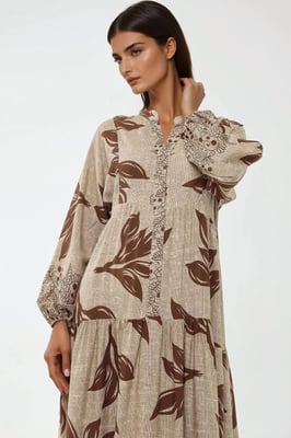 Bedrucktes Langarm-Viskose-Maxi-Kleid