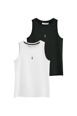 Zweierpack ärmellose Damen-T-Shirts weiß und schwarz im Slim Fit mit Rigby Go Stickerei