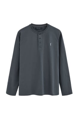 T-Shirt steingrau mit Henley-Ausschnitt und Rigby Go Stickerei
